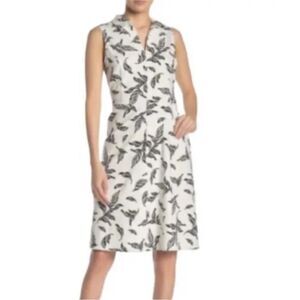 T Tahari White Black Linen Blend Shirt Dress Sleeveless Leaf Print Size‎ 12